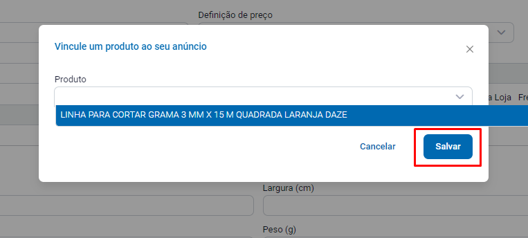 Seleção do produto vinculado ao anúncio