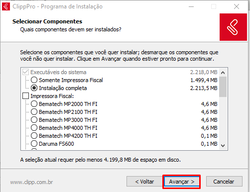 Opção Instalação Completa