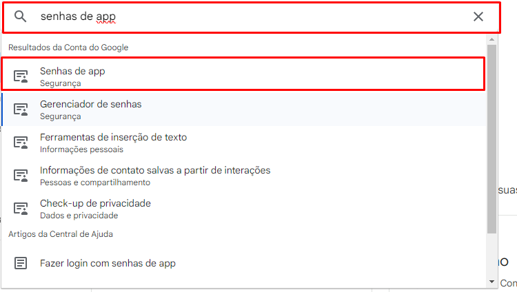 Pesquisa por Senhas de app