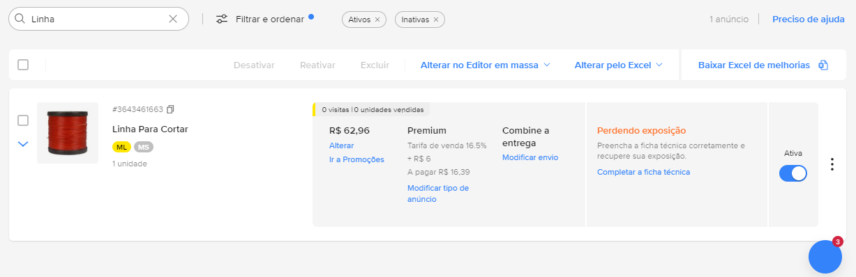 Anúncio criado e enviado ao Mercado Livre