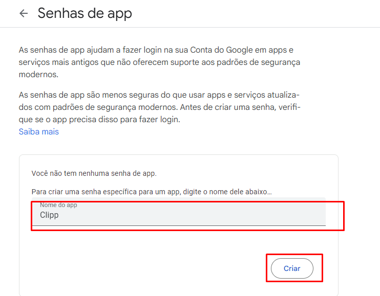 Criação da senha de app