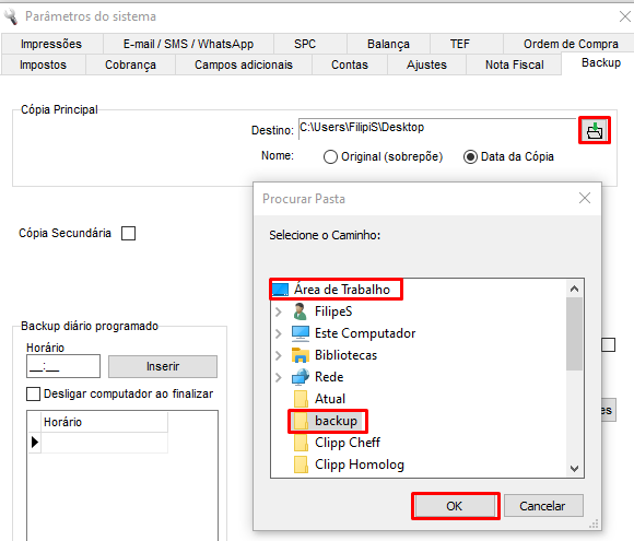 Seleção do destino do backup