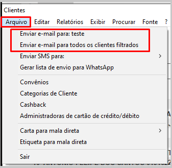 Opções de envio de e-mail