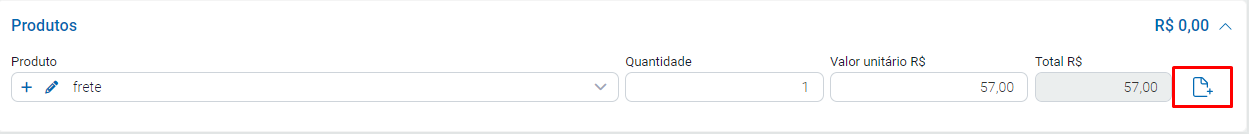 Produto Frete com valor unitário