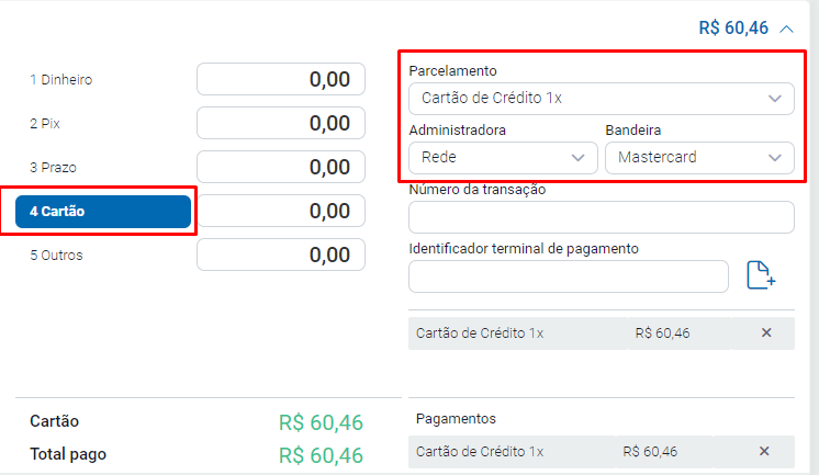 Forma de pagamento Cartão
