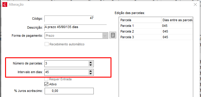 Edição das Parcelas 45/90/135