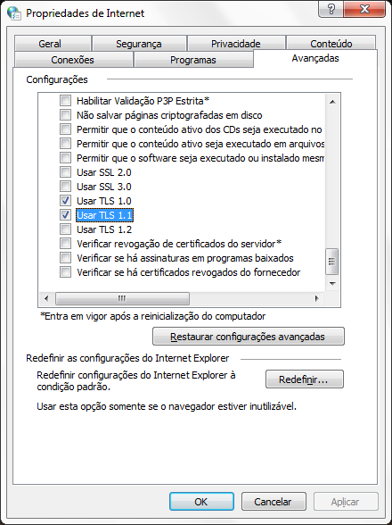 Aba Avançadas com protocolos TLS