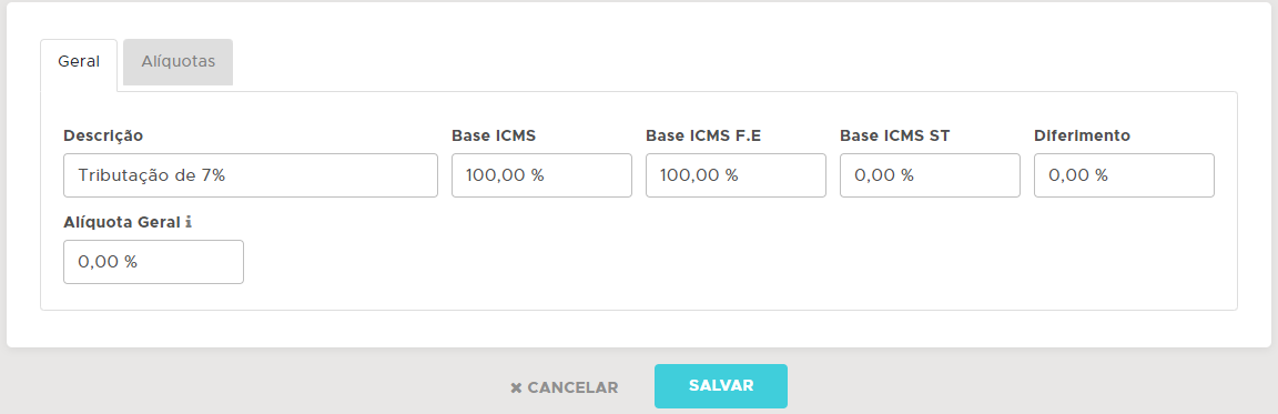 Cadastro de tributação