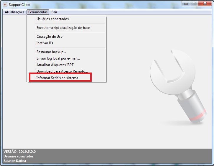 Menu Ferramentas - Informar seriais ao Sistema