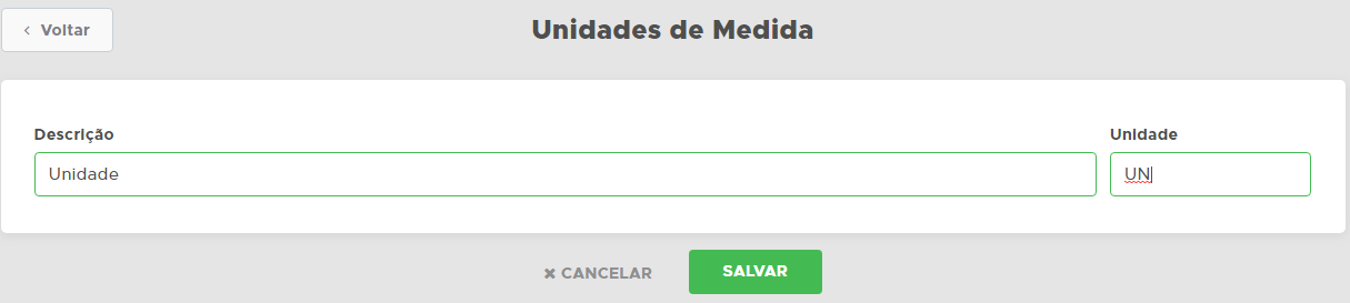 Cadastro da unidade de medida