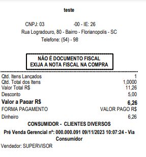 Documento em impressora não fiscal