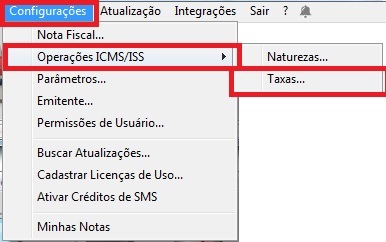 Menu de cadastro de Taxas