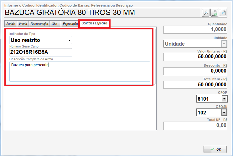 Controles Especiais da arma