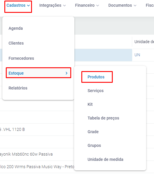 Menu de produtos do estoque