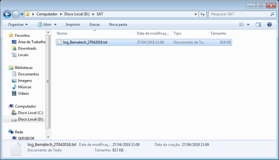 Arquivo TXT de LOG do SAT gerado