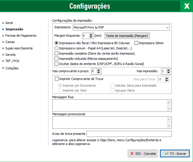 Aba Impressão das Configurações