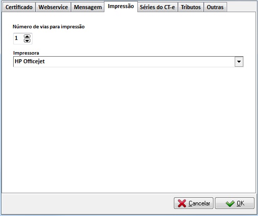 Configuração de impressora e vias na aba Impressão