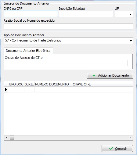 Tela de preenchimento do documento de transporte anterior