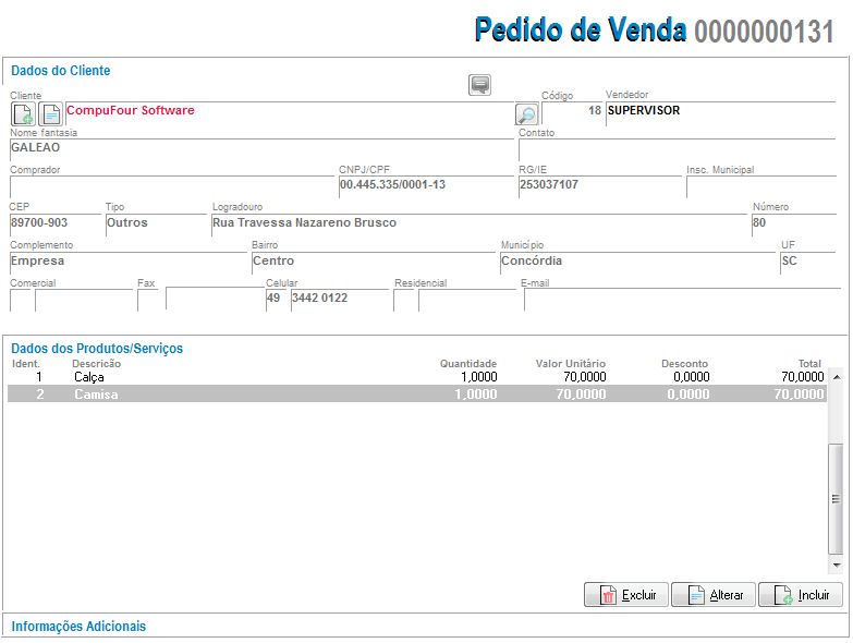 Cliente e itens no pedido de venda