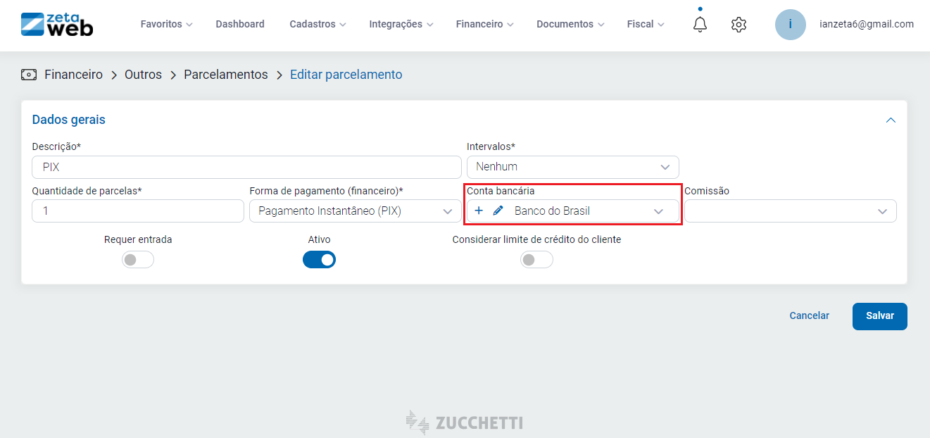 Cadastro de parcelamento