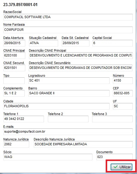 Dados retornados e botão Utilizar
