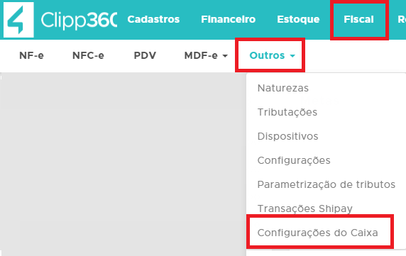 Menu Configurações do caixa
