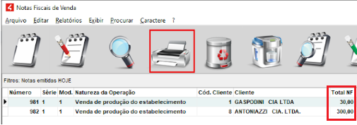 Notas fiscais de venda emitidas no exemplo