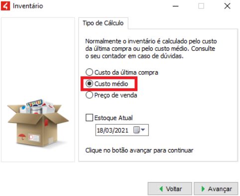 Menu Arquivo, Inventário no módulo Estoque