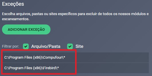 Pastas nas Exceções do AVG