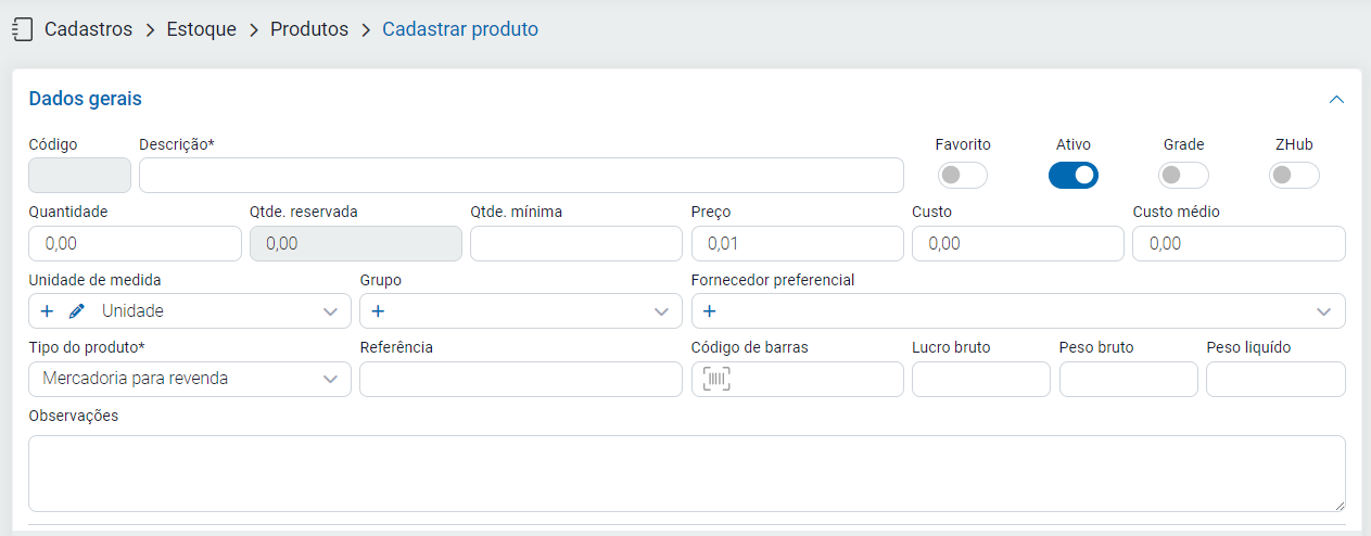 Cadastro do item no estoque