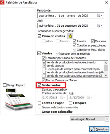 Saldo das contas no Relatório de Resultados