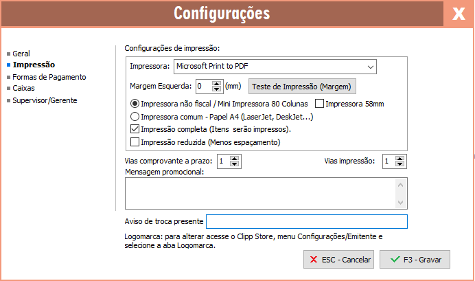 Aba Impressão do Frente de Caixa