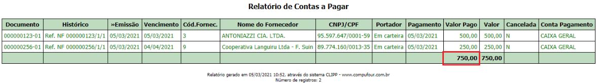 Totalização das contas pagas com F7