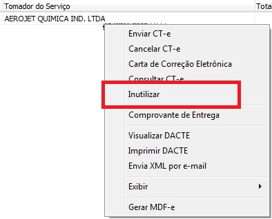 Opção Inutilizar pelo botão direito na listagem de CT-es