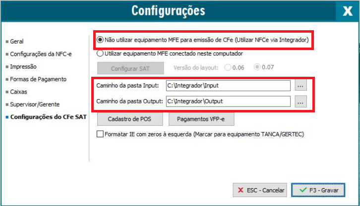 Aba Configurações do CFe SAT