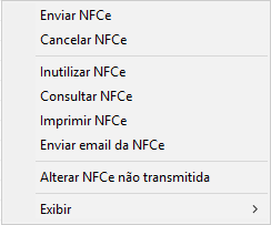 Menu de botão direito do CF-e