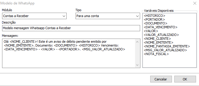 Cadastro de modelo com variáveis