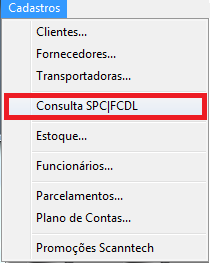Consulta SPC|FCDL no menu Cadastros