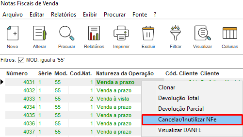 Botão Cancelar da nota