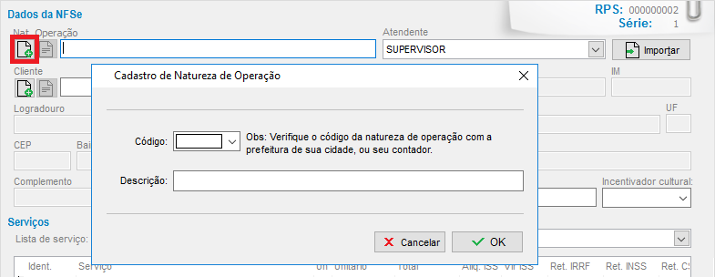 Cadastro de Natureza de Operação