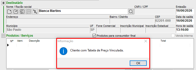 Cliente com tabela vinculada na NF-e