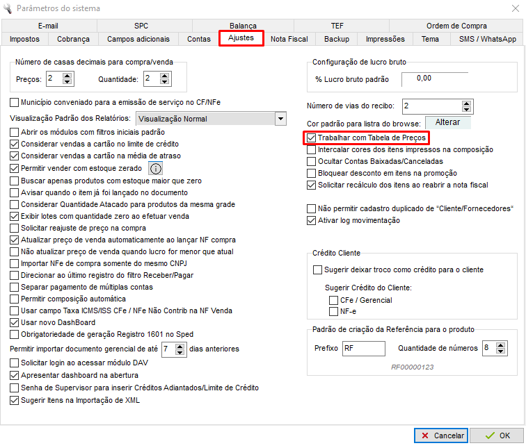 Opção Trabalhar com Tabela de Preços