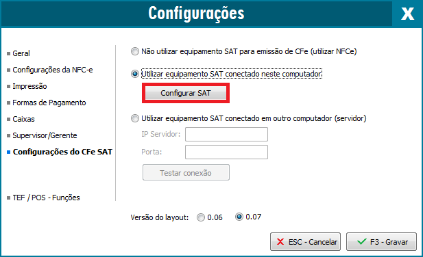 Opção Configurar SAT