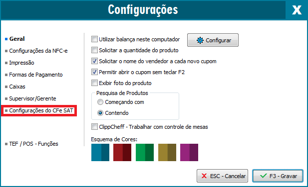 Opção Configurações do CFe SAT