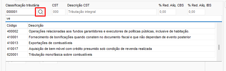 Consulta da tabela de Classificação Tributária