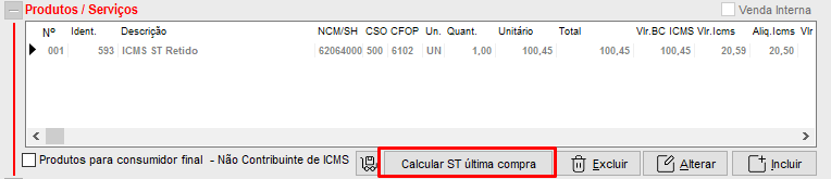 Botão Calcular ST última compra