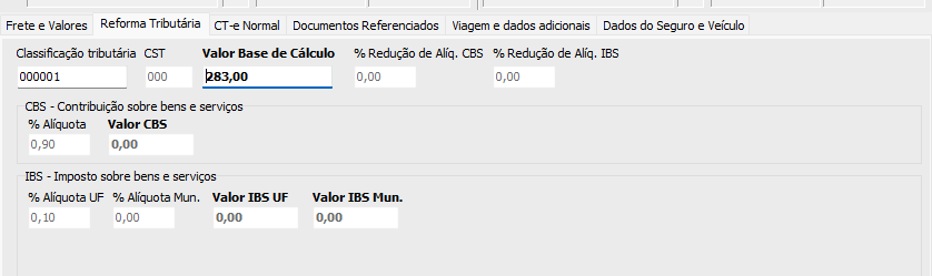 Aba Reforma Tributária no CT-e
