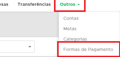 Menu de formas de pagamento