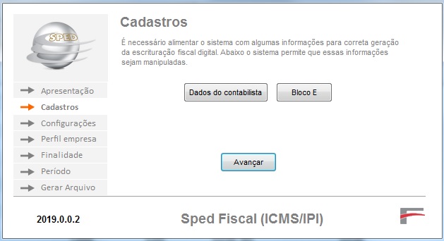 Tela de Cadastros do SPED Fiscal