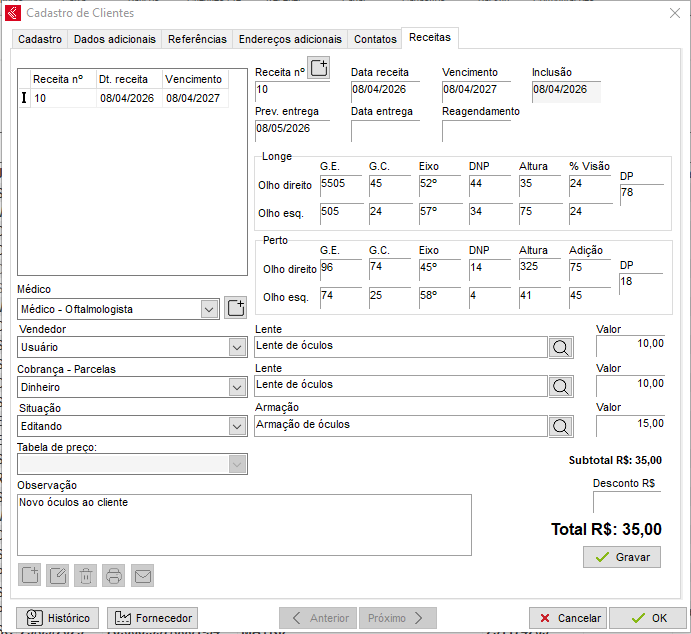 Dados da receita do cliente